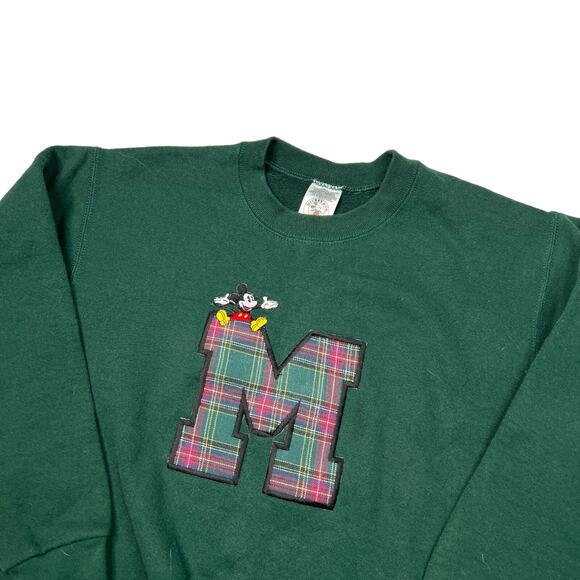 Disney VTG 90s Mickey Mouse Plaid Collegiate Crewneck Sweatshirt Green Youth Lg - Picture 3 of 5